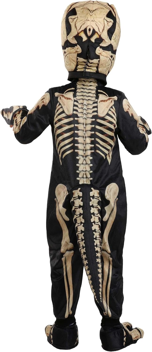 Toddler Dinosaur Skeleton Costume with Skull Headpiece and Clawed Shoe Covers for Halloween | Prehistoric Dino Jumpsuit - Image 4