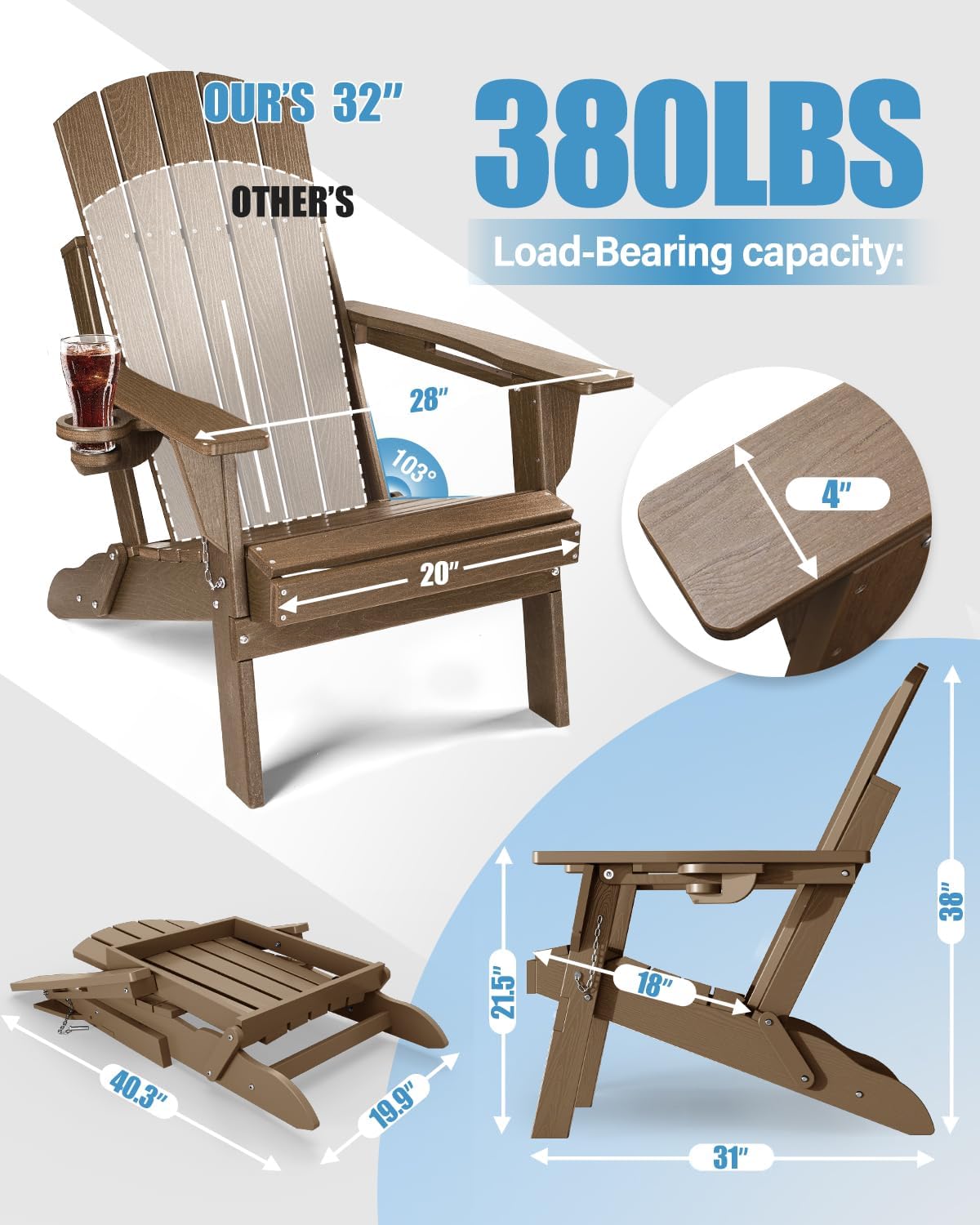 Adirondack Chairs Set of 2 Foldable Outdoor: High Back, Easy to Clean, Built-in Cup Holder, Weather Resistant, Fire Pit Chairs for Patio, Lawn & Pool, Plastic Adirondack Chairs, Teak