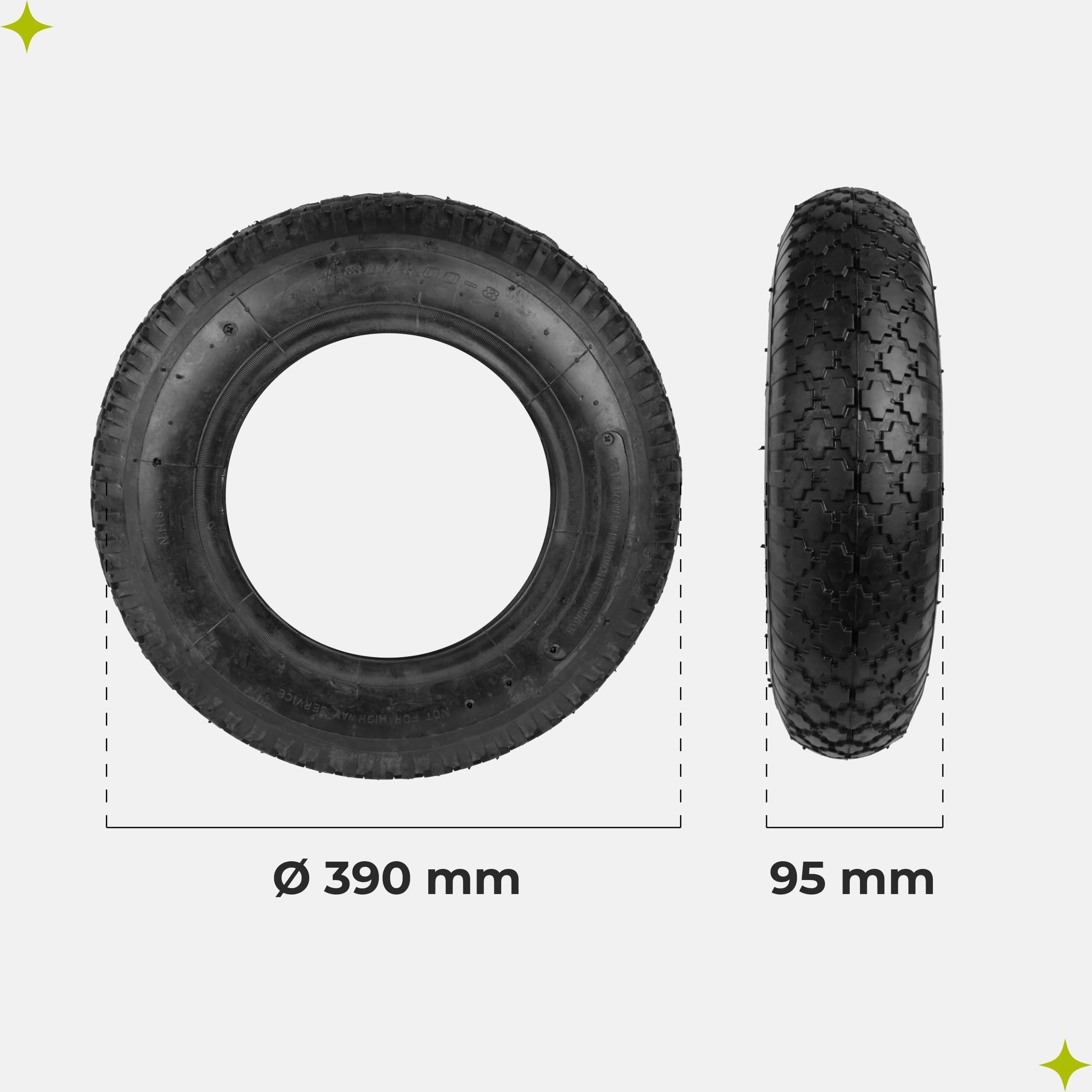 Garronda Kit pneu 4.80/4.00-8 2PR Ø390mm avec chambre à air, valve auto, Lot de 2, rechange brouette/chariot, GD-0164, Noir