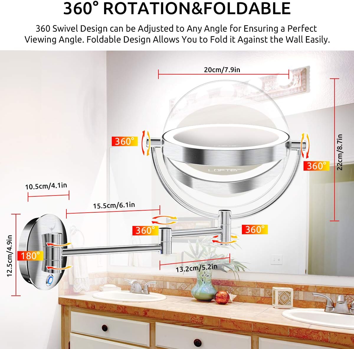 Makeup Mirror Wall Mounted, Rechargeable 1X/7X Magnifying Vanity Mirror with Lights, Dimmable Brushed Nickel Finish Two-Sided Battery Powered 27LED Lighted Cosmetic Mirrors for Bathroom/Bedroom/Hotel