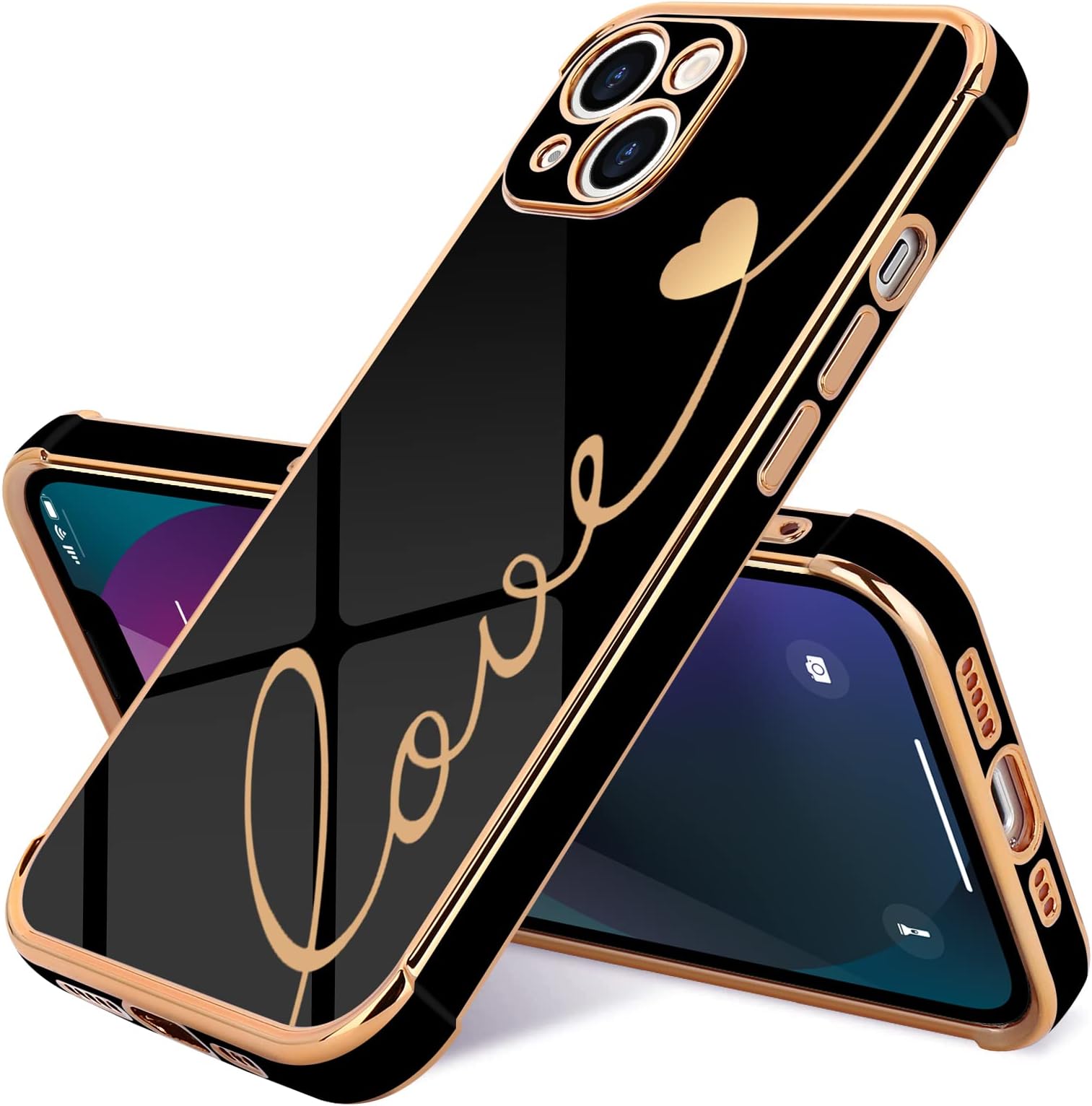 LAPOPNUT Compatible with iPhone 13 Case,Cute Love Heart Design for Women Girls, Luxury Plating Bumper with Camera Lens Protection Cover Shockproof Phone Case for iPhone 13 6.1 inches Black