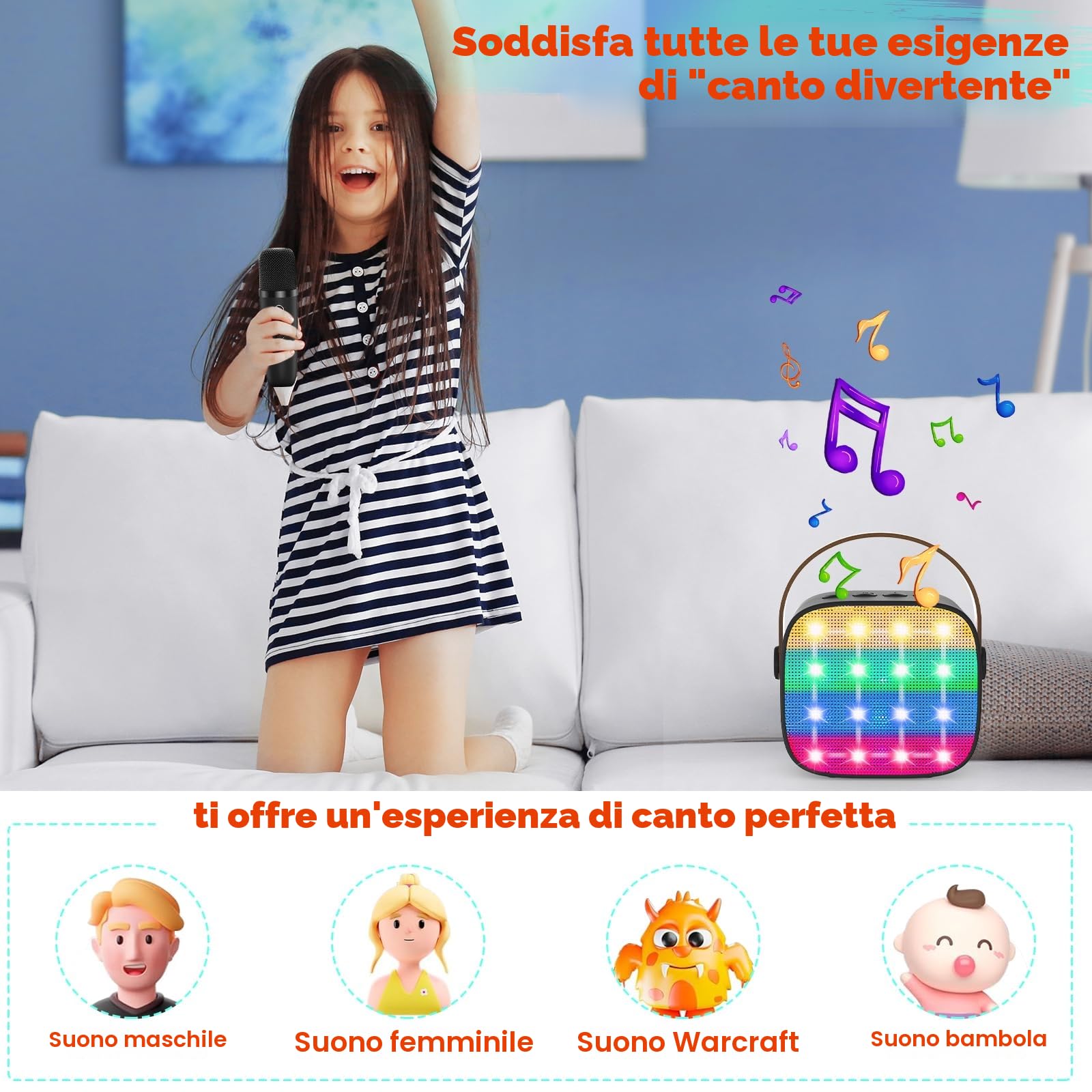 Macchina Karaoke per Bambini con 2 Microfoni Wireless Bluetooth, Altoparlante Portatile, Cambio Voce, Luci LED