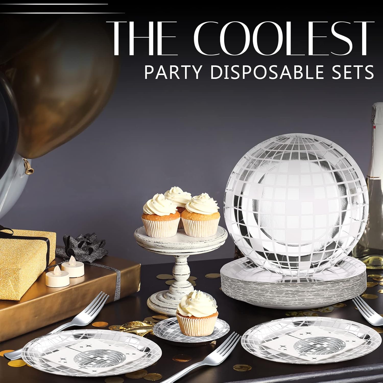 Tanlade 200 Pcs Disco Ball Party Supplies Disco Plates and Napkins Silver Tableware Set for 70s 80s 90s Birthday Rock Roll Dance Music Party 50 Guests