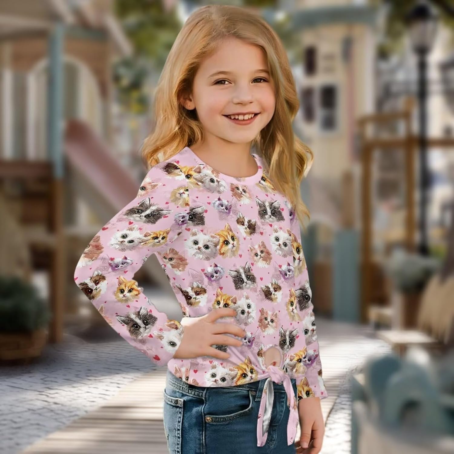 Girls Long Sleeve Shirts Crew Neck Toddler Sweatshirt Tie Front Knot Kids Blouse Children Tees Size 5-12