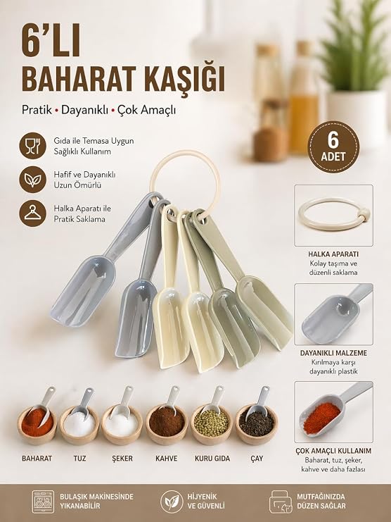 Orret Home 6’lı Mini Baharat Kaşığı Seti Plastik Ölçü Kaşığı Baharat Küreği Kahve Şeker Tuz Ölçme Kaşığı Halkalı Mutfak Ölçü Seti (ASORTİ RENK)