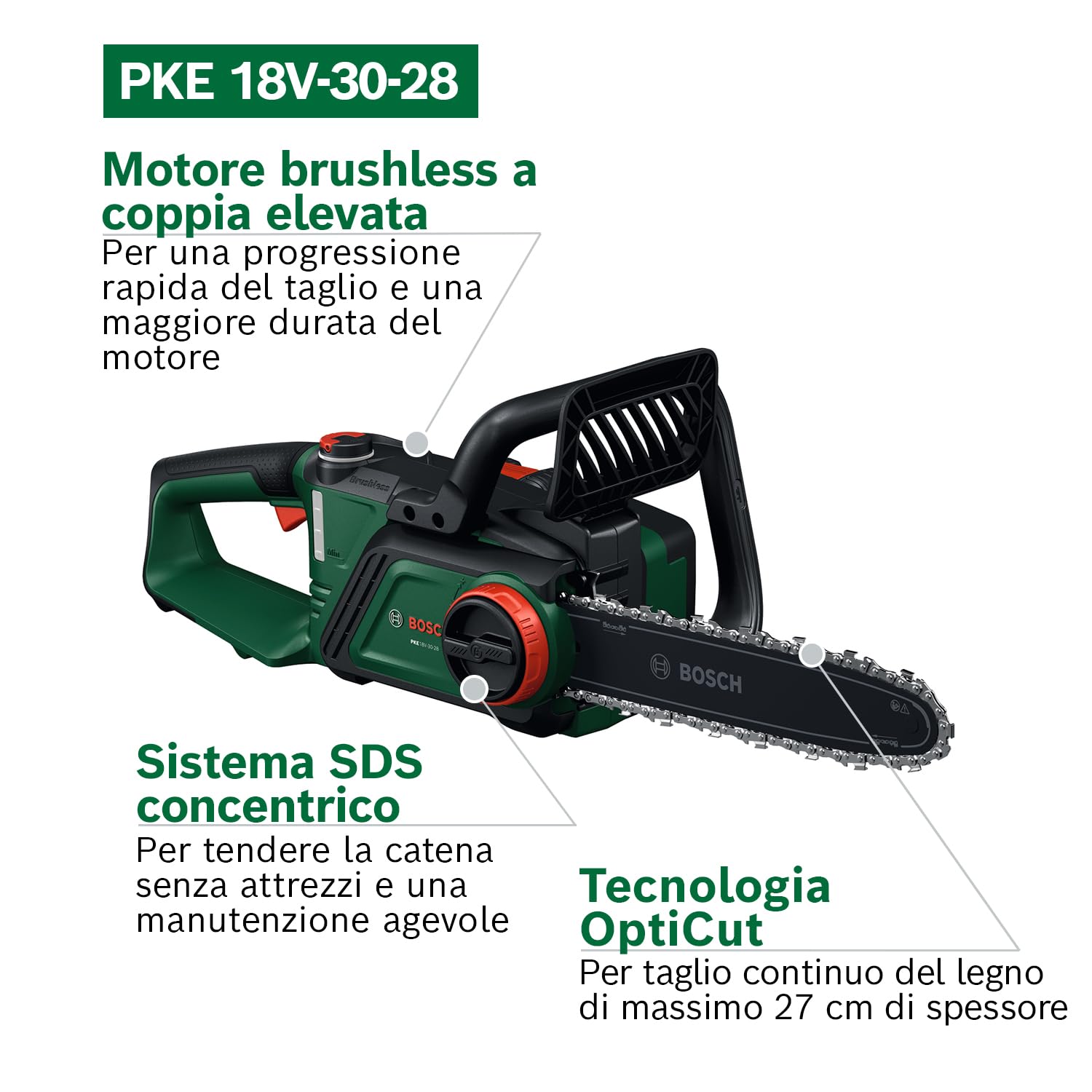 Bosch Sega a catena a batteria PKE18V-30-28 senza batt./caric. | tecnologia OptiCut, Peso: 3,9 kg, velocità della catena: 9 m/s