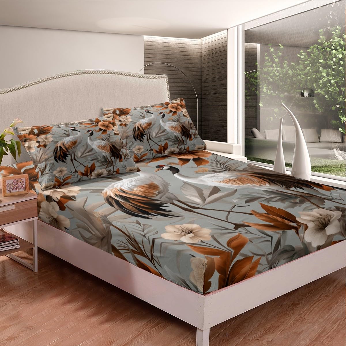 Wild Crane Fitted Sheet Twin Size Nature Tropical Flower Bedding Set 2Pcs(No Flat Sheet) Watercolor Leaves Botanical Bed Sheet for Boys Girls Teens Room Decor Luxury Aesthetic Deep Pocket Sheet