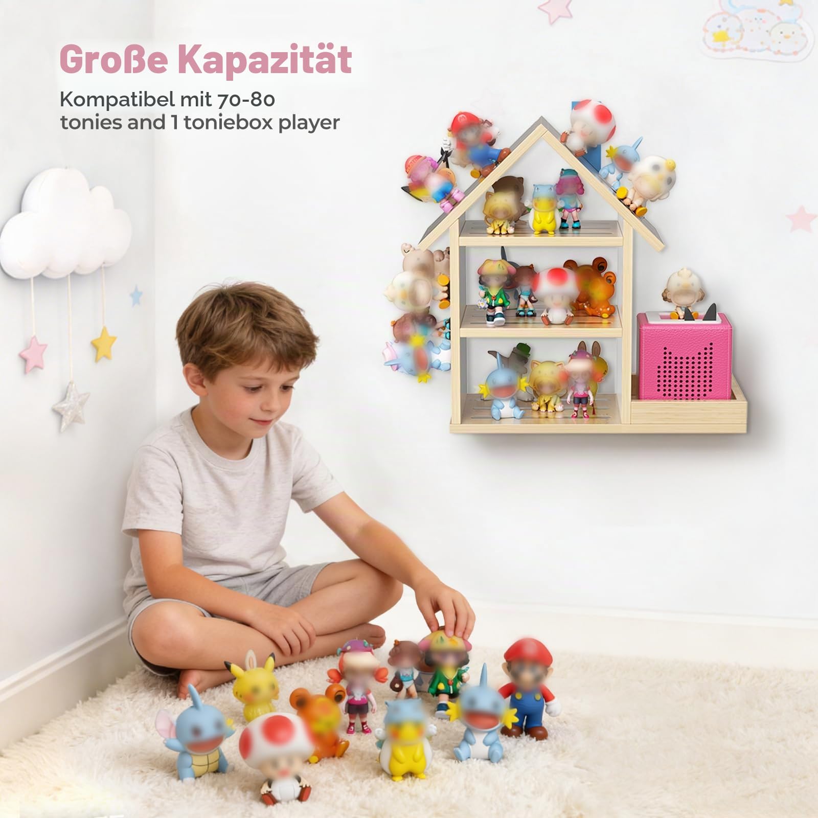 Regal für Tonie Regal, in Form eines Hauses, für 12-40 Figuren Schwebende Regale aus Holz für Wände, geeignet für Mädchen und Jungen