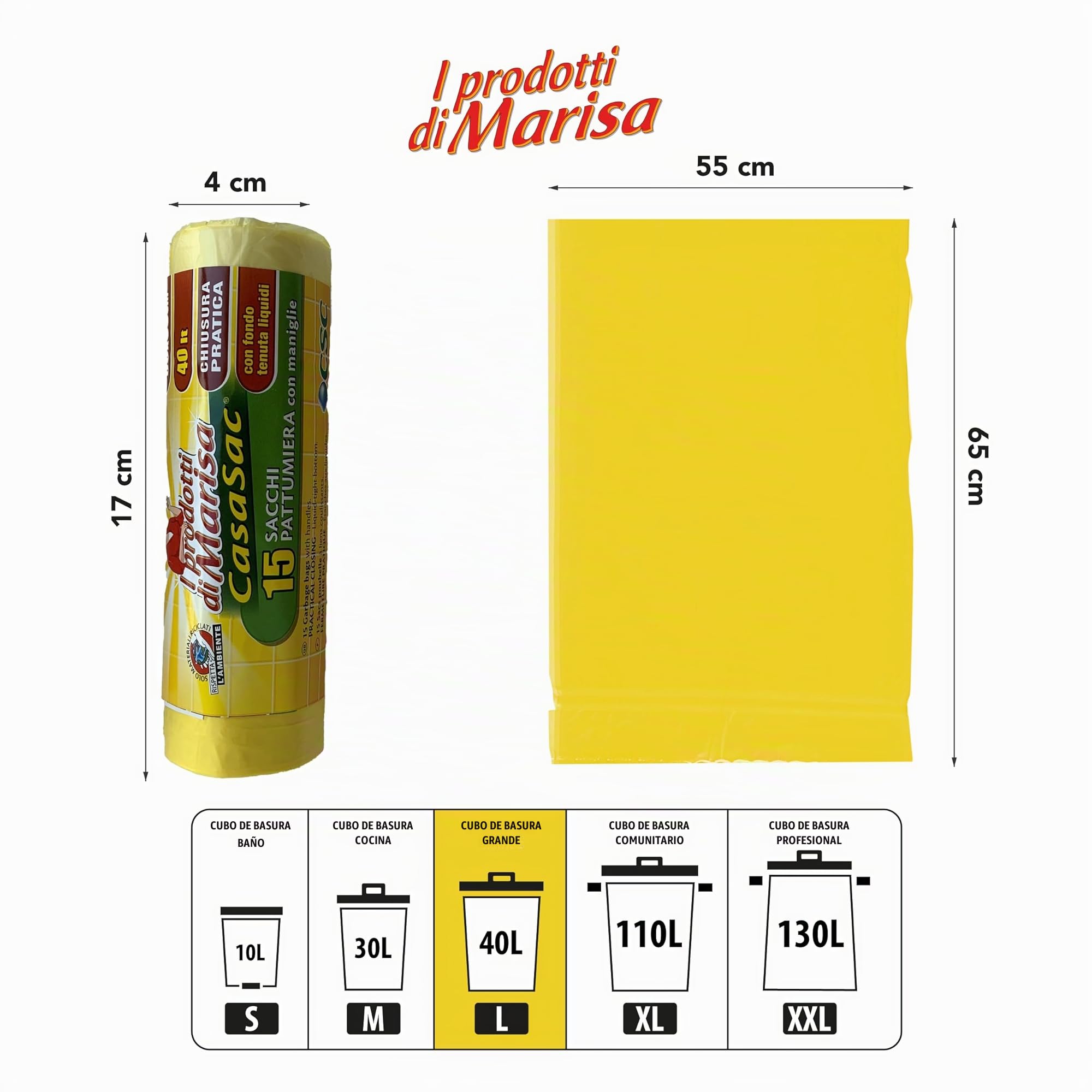 CSC - Bolsas de basura de 40 l con asa, 360 unidades, 55 x 65 cm, para cubos de basura de cocina, bolsas de basura para recogida separada, resistentes a desgarros y a prueba de líquidos, 24 rollos