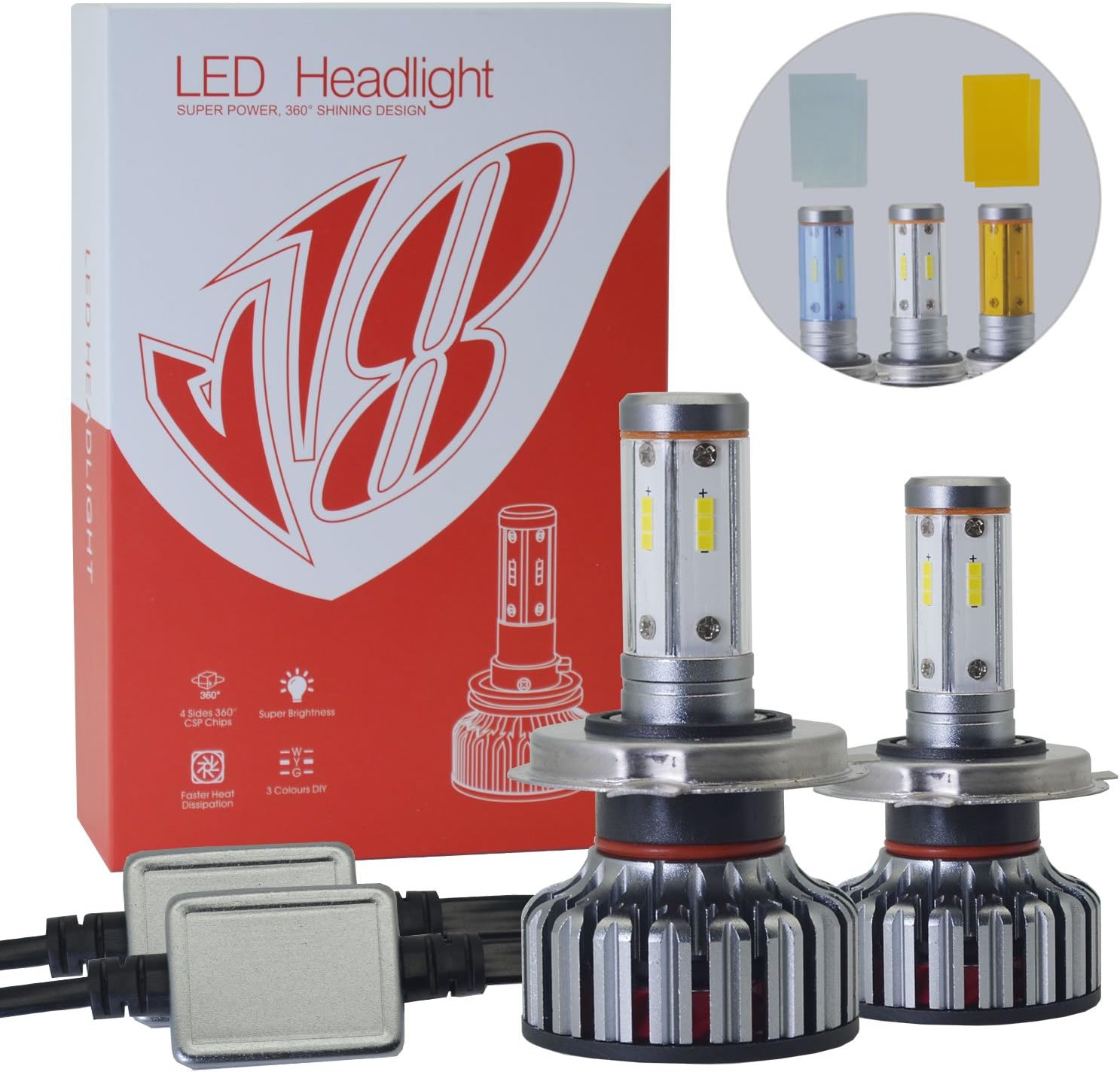 12000LM Super Bright 100W H4 LED Headlight Bulbs Conversion Kit 360 Degree HB2 9003 High Low Beam for Car Lamp Replacement-Amber(3000K) /White(6000K) /Blue(8000K)-2 Pack 12months Warranty