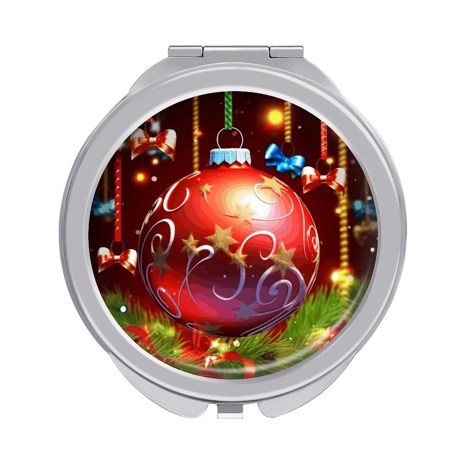 FodPand Compact Hand Mirror with 1x/2x Magnifying Round Travel Makeup Mirror Mini Foldable Xmas Ball Cosmetic Mirrors Travel Essentials Gift for Women Girl Portable for Pocket Purse -Silver