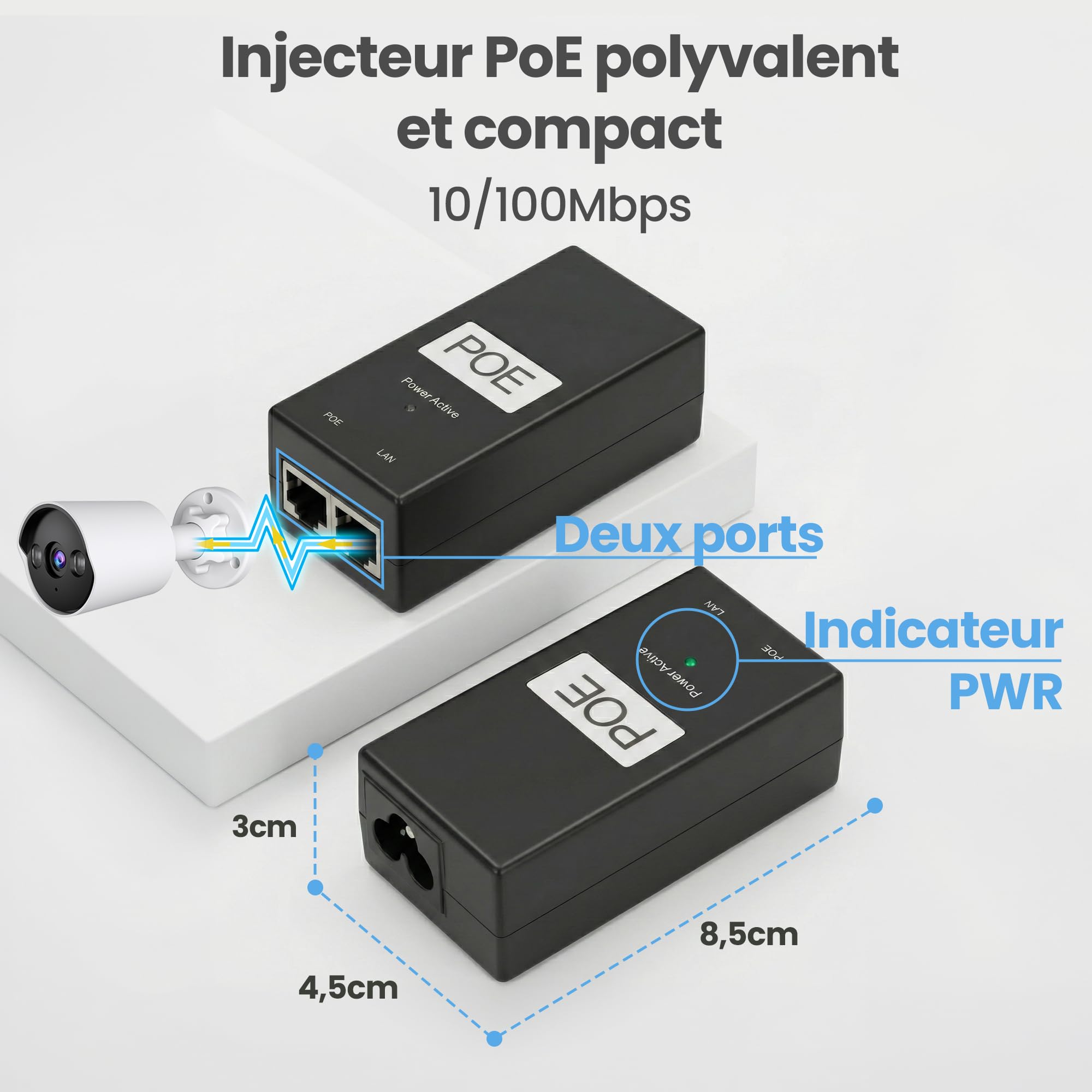Extralink POE-24-24W G, PoE Injecteur, 24V, 1A, 24W, câble inclus, protection contre les courts-circuits et les surtensions, deux ports RJ-45, adaptateur PoE, PoE Injecteur, passif