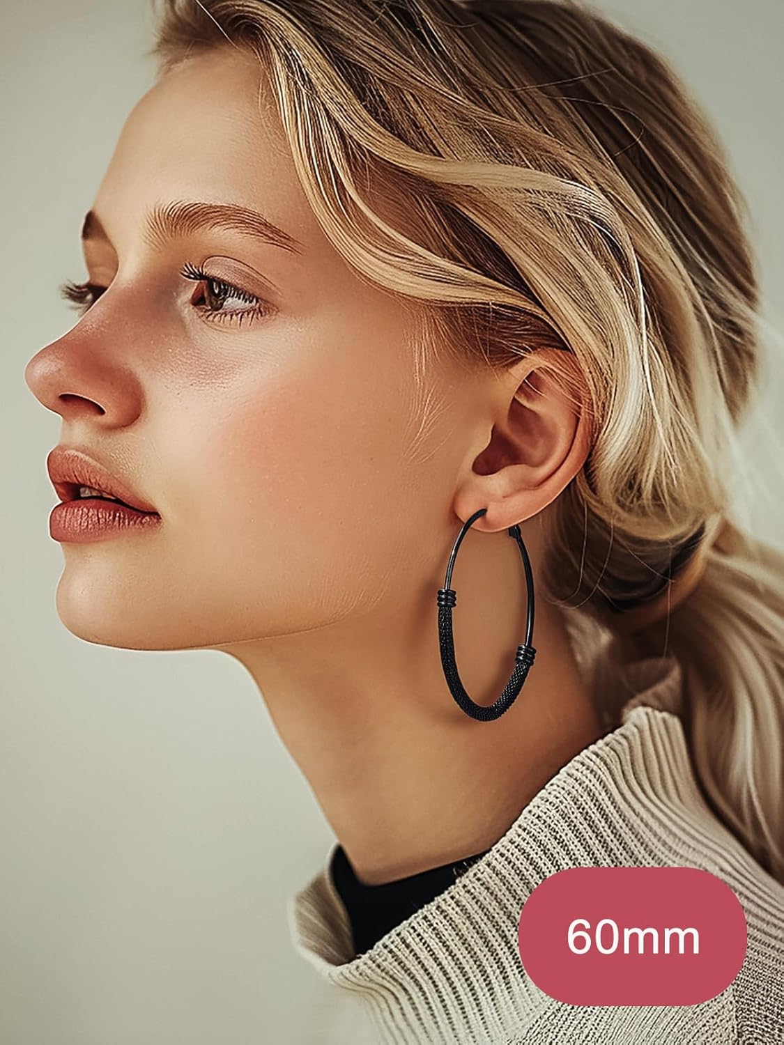 FOCALOOK 14K Gold Hoop Earrings, Lightweight Hypoallergenic Large Stainless Steel Black Hoops for Women 30/40/60/80mm - Image 2