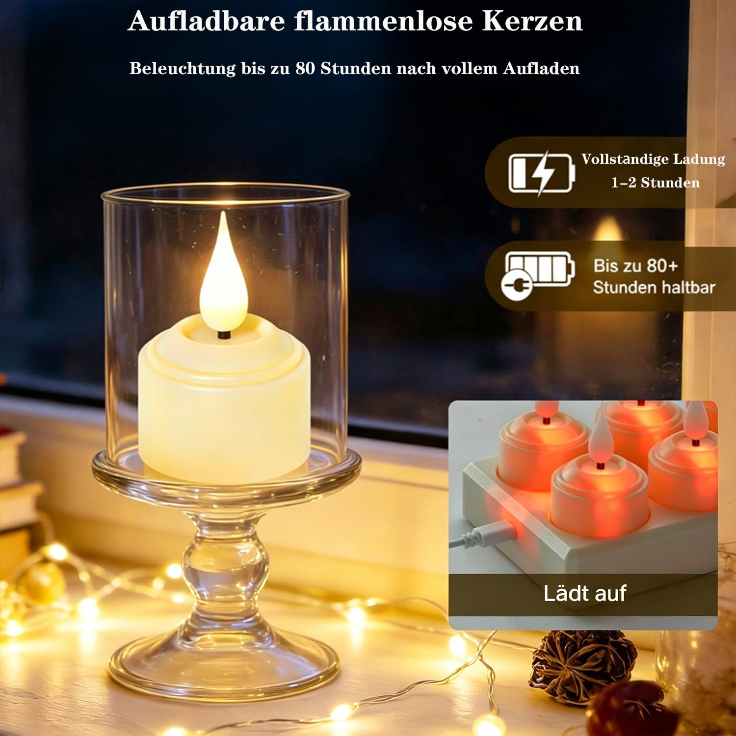 Nancia Lumini LED ricaricabili, 12 lumini a LED ricaricabili, lampeggianti con telecomando timer, con stazione di ricarica, candele a LED, altezza 5,5 cm, diametro 3,8 cm, cavo a 12 porte di tipo C