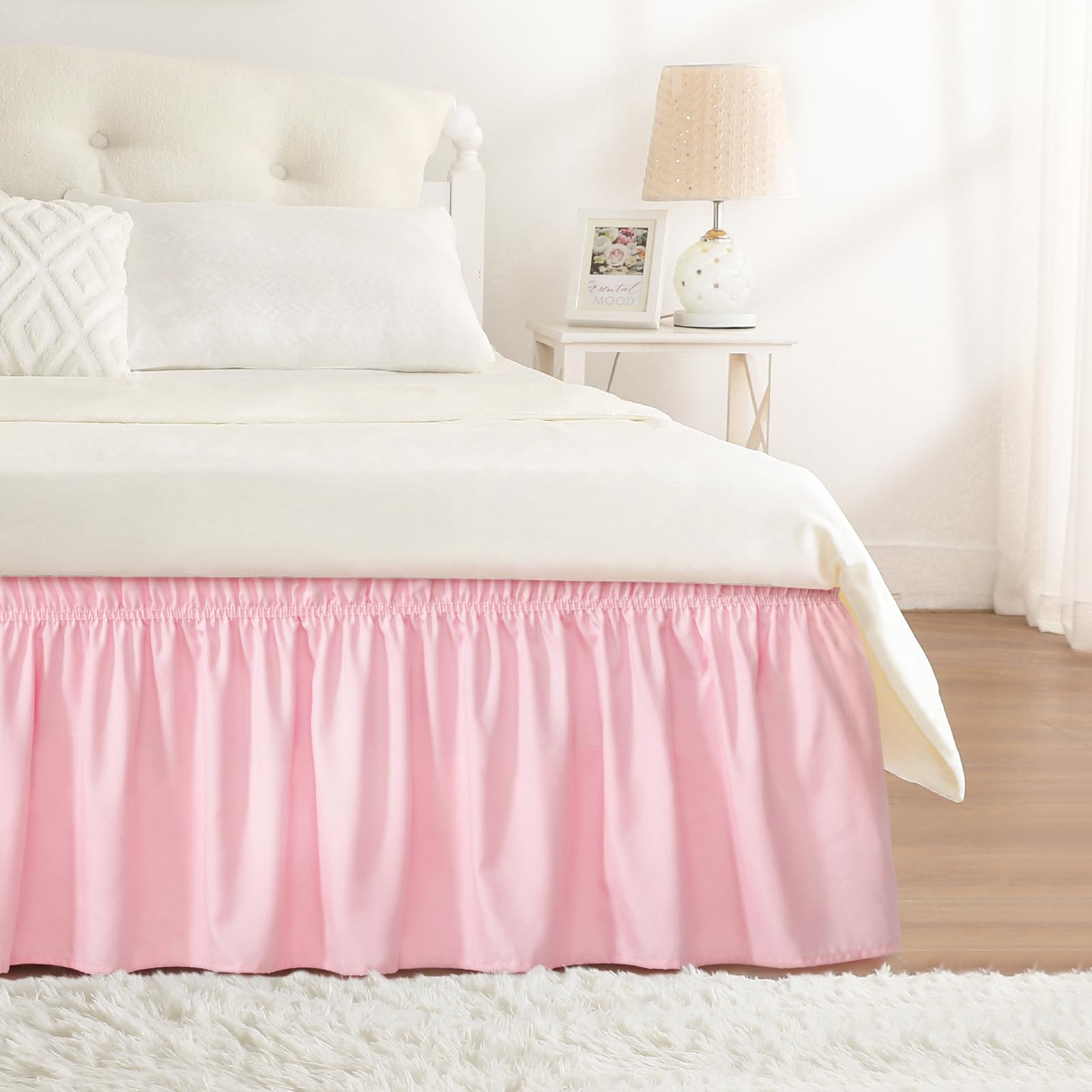 RIMELA Pink Bed Skirt Queen Size 18 Inch Drop, Elastic Bed Skirting for Bed Base and Frame, Bedding Dust Ruffle Easy to Install, Lightweight Wrap Around Adjustable Bedskirt