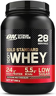Optimum Nutrition Gold Standard 100% Whey Muscle Building and Recovery Protein Powder With Naturally Occurring Glutamine and BCAA Amino Acids, Extreme Milk Chocolate Flavour, 28 Servings, 896g