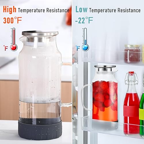 Miniatura 3 de Jarra de vidrio con tapa, jarra de agua de vidrio calientefría con asa, jarra de vidrio para refrigerador, té helado, café, jugo, bebidas caseras
