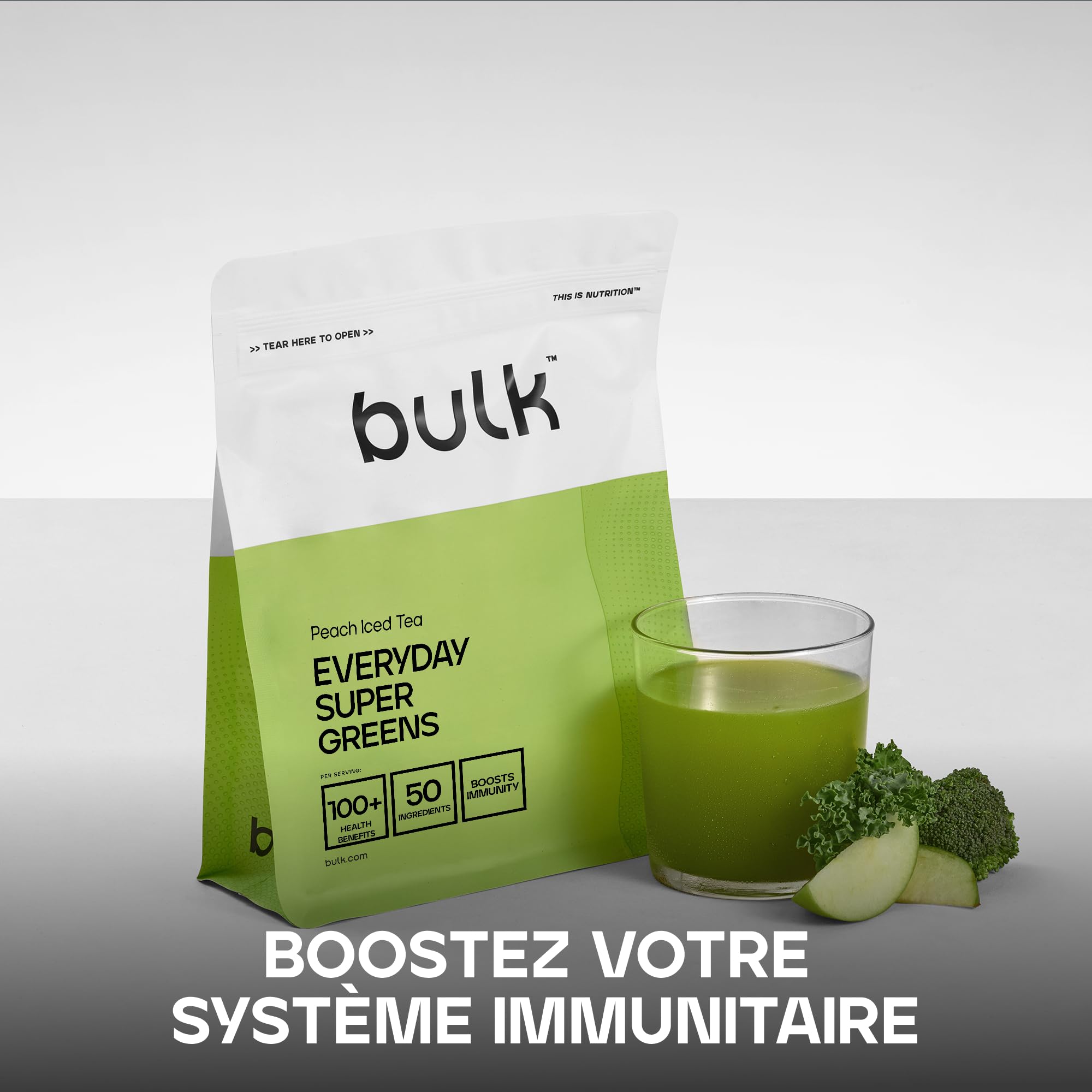 Bulk Everyday Super Greens Poudre | Thé Pêche Glacé | 60 Portions | Avec 50 Vitamines, Minéraux & Superaliments | Riche en Vitamine C, D & B12 | Soutient Immunité & Bien-être