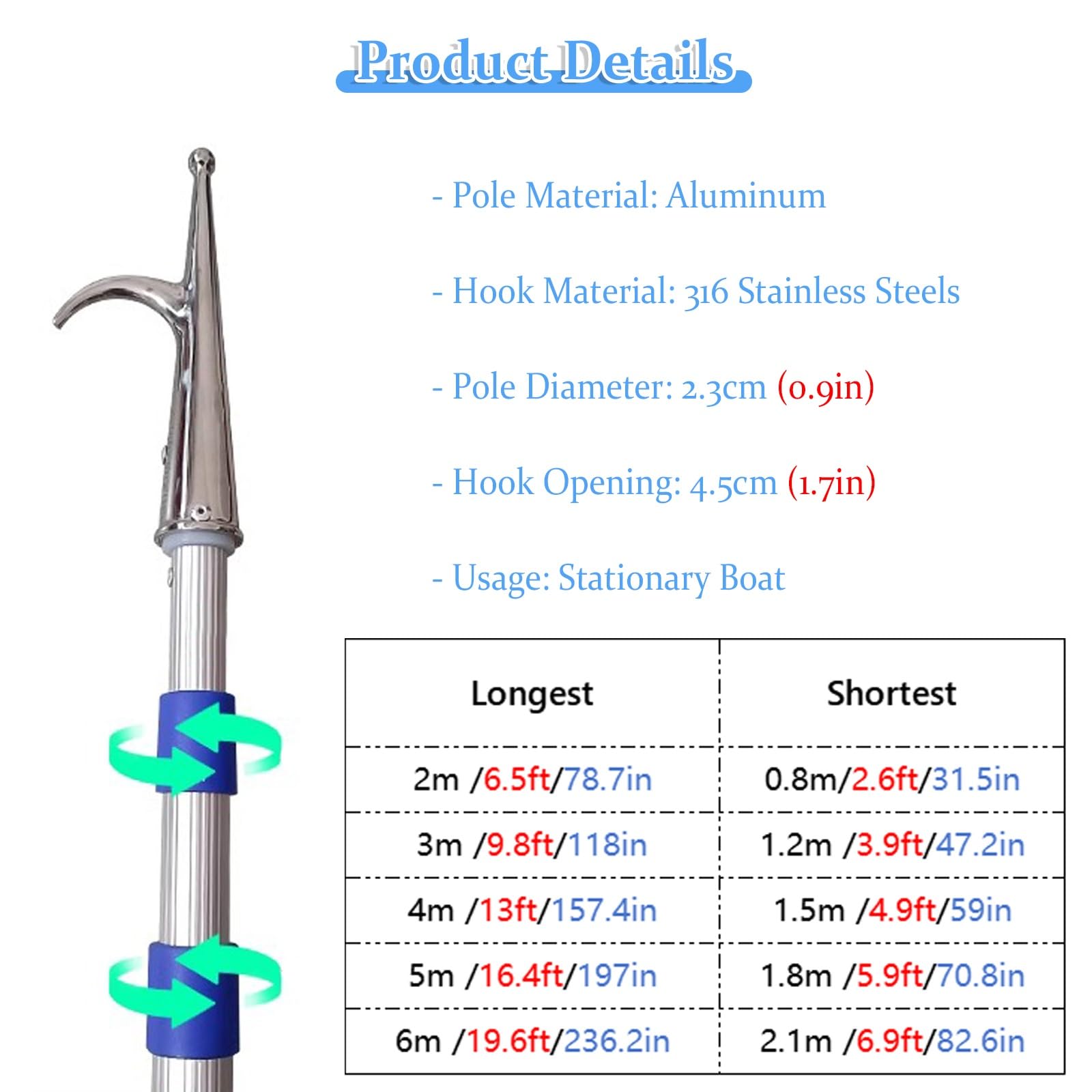 mezzo marinaio Gancio Per Barca Con Asta Di Prolunga Per Attracco Accessori Per La Nautica - 2 3 4 5 6 M Gancio Per Ponte Per Impieghi Gravosi Per Barca Per Push-pull E Nautica(Longest - 6m/19.6ft)