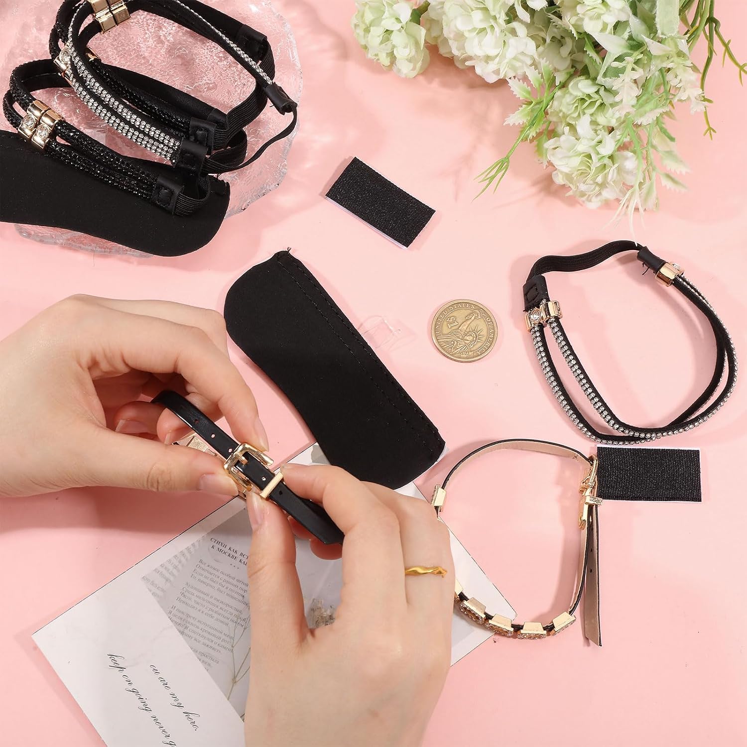 3 Pairs High Heels Ankle Straps Detachable Ajustable Crystal Shoe Lace Elastic with Self-Adhesive Heel Cushion Shoelaces Accessories for Holding Loose High Heels Flats Shoes