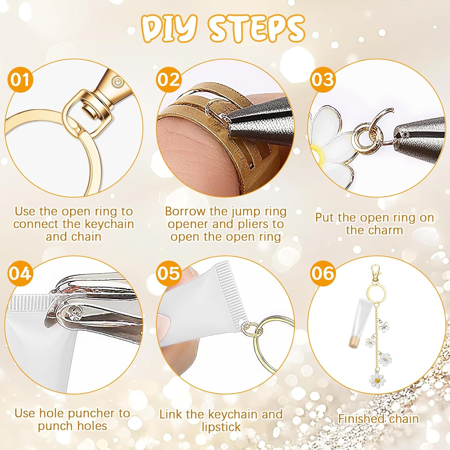 X-Kingsun 303 Pcs Lip Gloss Keychain Making Kit 100 White Lips Charms Jewelry Plier Keychains Clips Gold Extender Chains for Women DIY Crafting Making