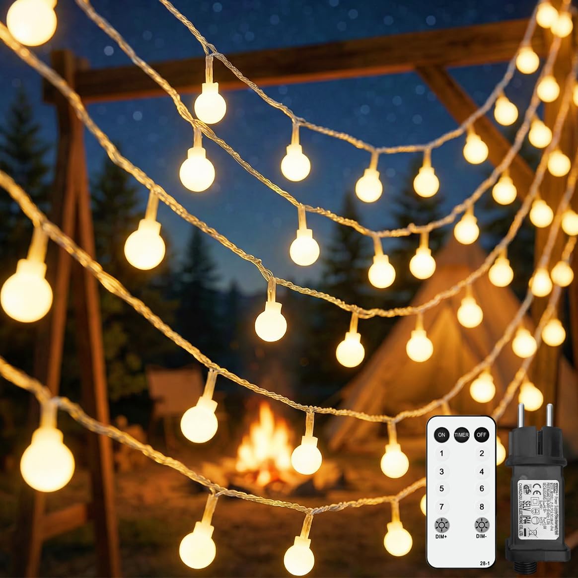 Lichterkette Innen, 25M 200 LEDs Kugel Lichterkette, 8 Modi Lichterkette Runde Außen Innen mit Memory-Funktion, Lichterketten Innen mit Stecker, Ideal für Balkon, Garten, Weihnachten, Hochzeit, Party