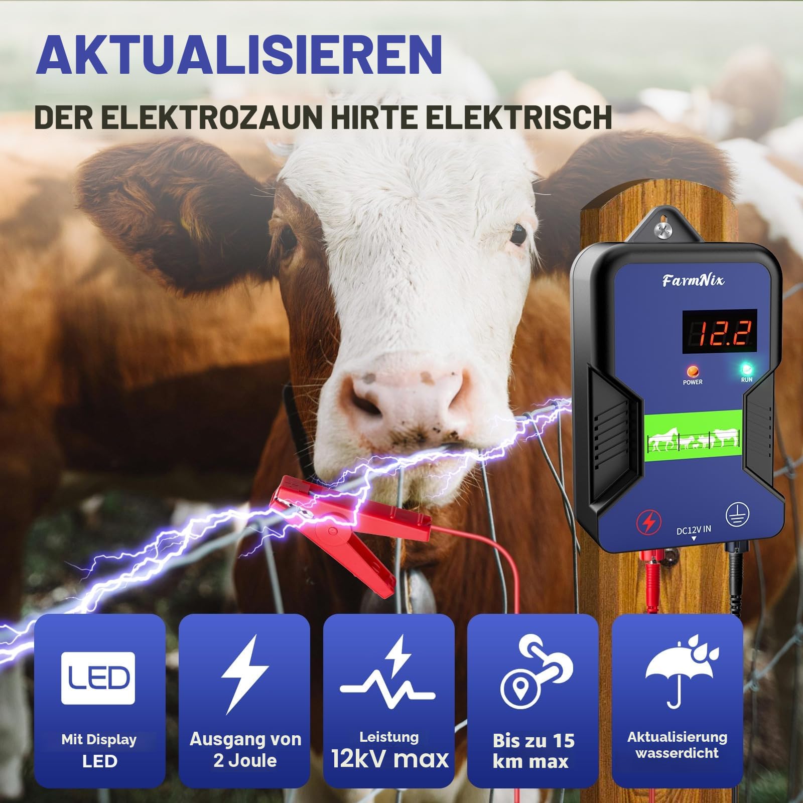 12V Weidezaungerät mit LED Anzeige, 2J Wasserdicht Elektrischer Weidezaun 230V für 15 KM Reichweite, LED Display Eelektrozaun für Schutz von Nutztieren,Haustieren,Geflügel, Hausweide,Gärten (Blau)
