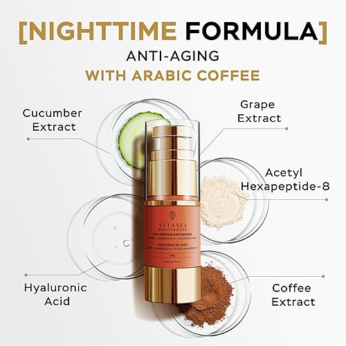 Miniatura 2 de Suero de noche hidratante con ácido hialurónico, pepino, uva y extracto de café para ojeras, hinchazón y bolsas, suero de hidratación debajo de los