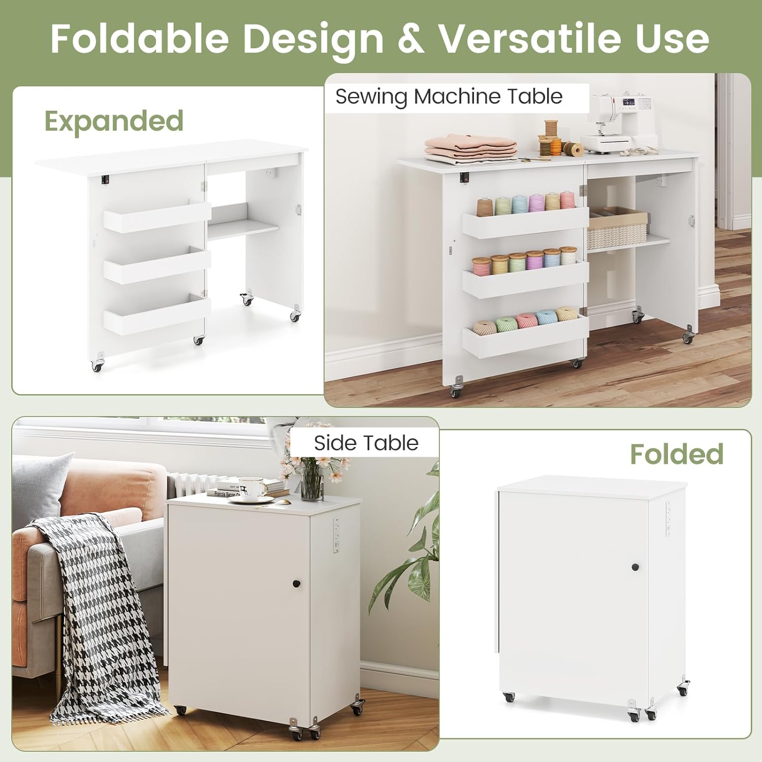 DORTALA Folding Sewing Table with Charging Station, Rolling Craft Station with 3 Storage Bins & Open Shelf, Mobile Sewing Machine Desk with Lockable Wheels for Home, Small Spaces (White)