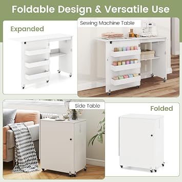 DREAMADE Folding Sewing Table with Storage, Craft Table w/Charging Station, 5 Lockable Wheels, Storage Bins & Shelf, Sewing Machine Desk for Home Office, Apartment, Studio (White)