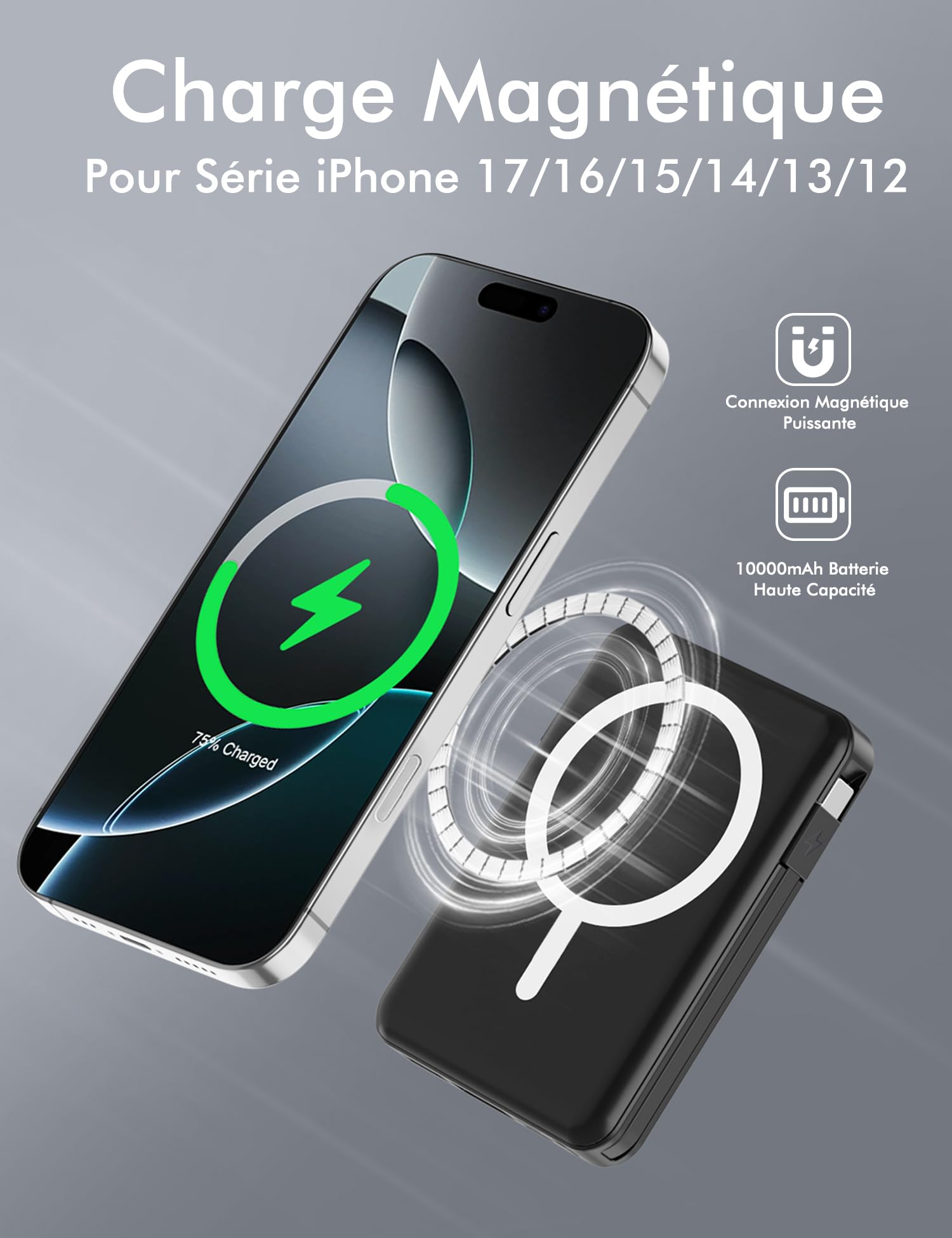 Podoru Batterie Externe Magnetique, Batterie Externe iPhone de 10000 mAh avec Double Câble de Données USB-C Et Affichage LED, Power Bank pour iPhone 17/16/15/14/13/12/ Toutes Les séries -Noir