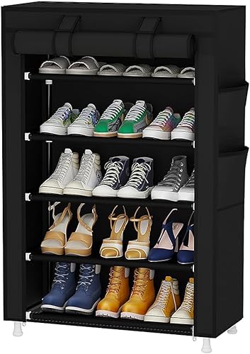 Calmootey Organizador de zapatos de 5 niveles, estante portátil para zapatos con cubierta de tela no tejida para armario, pasillo, dormitorio,