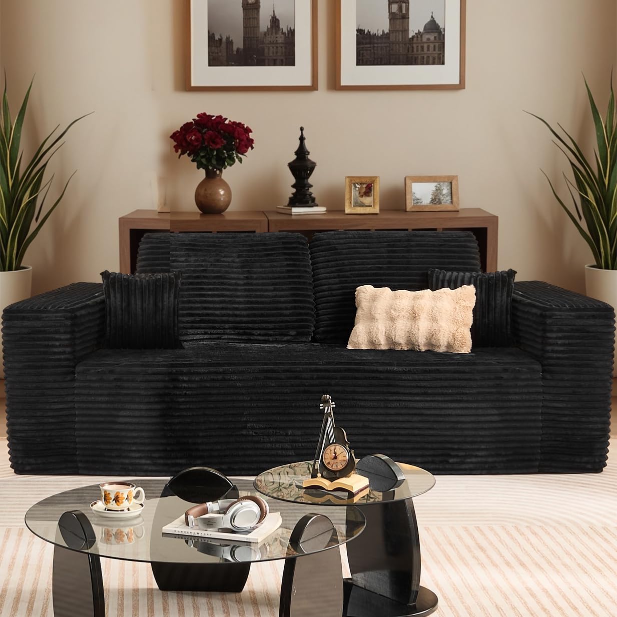 HOOOWOOO Cloud Sectional Couch for Living Room,Modular Sectional Sofa No Assembly,Matching Plush Corduroy 2 Arms Loveseat(Black)