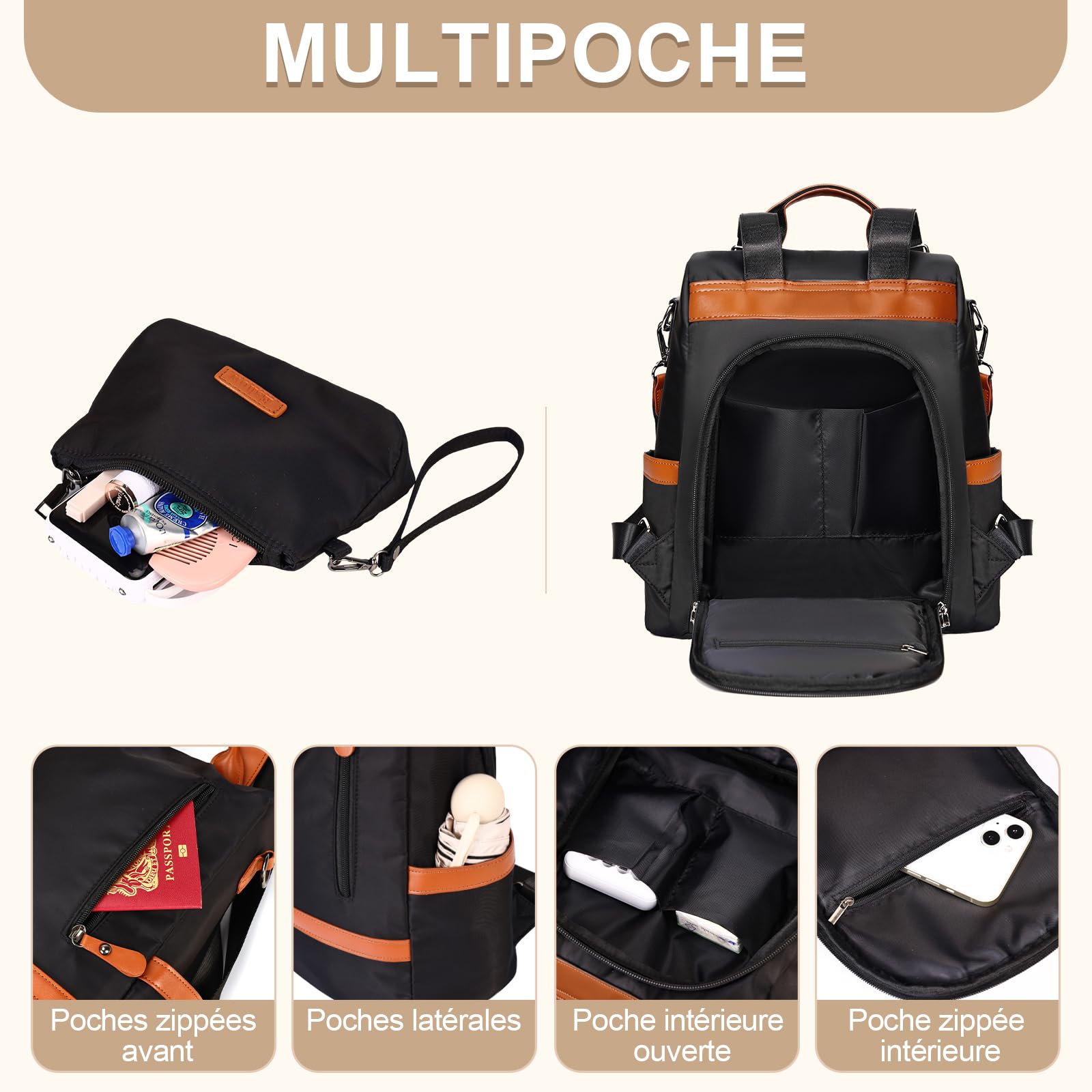 Eshow Sac a Dos Femme Antivol, Sacs à Main Portés Dos Elégant Léger, Petit Sac Bandoulière avec Pochette pour Voyage Travail Loisirs Université Noir