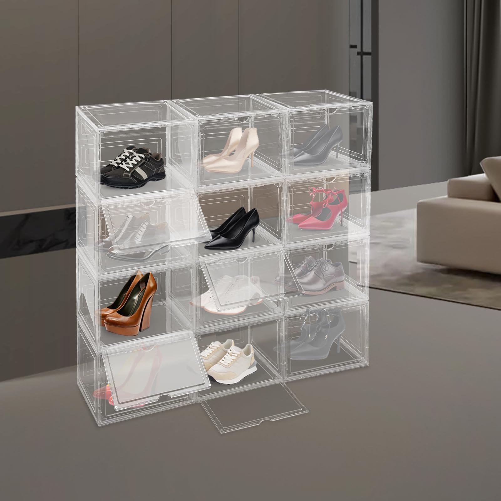 Juego de 12 cajas de zapatos apilables, transparentes, polipropileno y acrílico, ahorran espacio, fáciles de limpiar, ideales para zapatillas deportivas, zapatos, almacenamiento