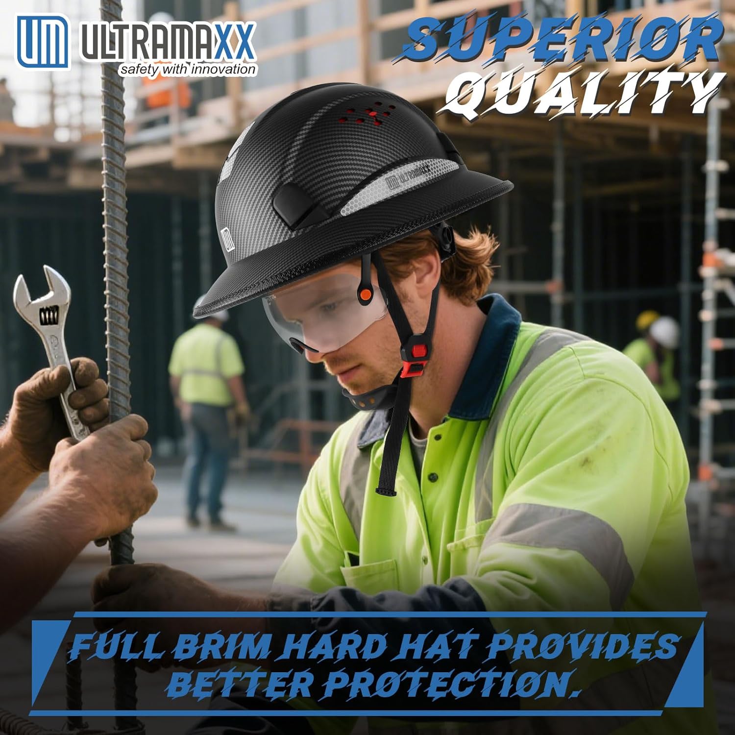Full Brim Hard Hat with Built-in Visor, ANSI Z89.1 OSHA Approved Construction Safety Helmet with Chin Strap for Men Women - Image 6