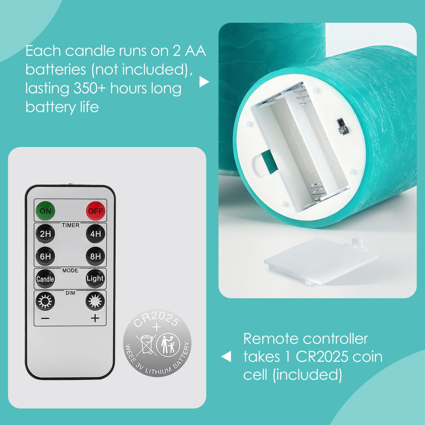 Eywamage Candele a LED blu turchese con telecomando, candele senza fiamma a batteria in vera cera tremolante D 3" H 4" 5" 6"