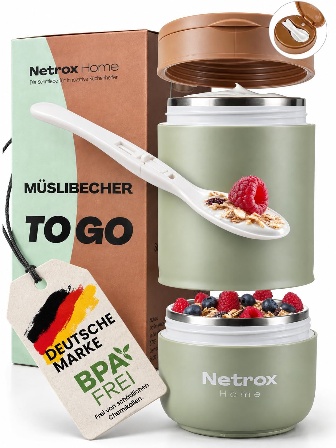 Netrox Müslibecher To Go mit Löffel, Joghurtbecher aus Edelstahl