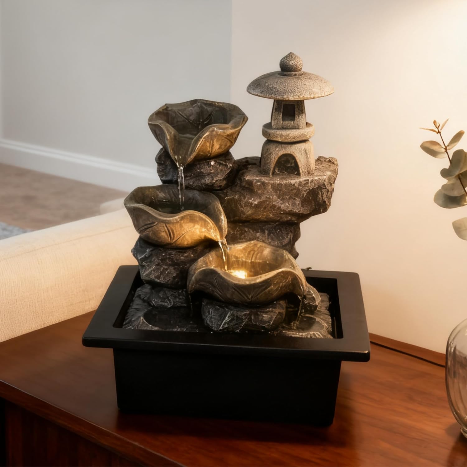 Indoor Tabletop Waterfall Fountain with Rock Pagoda & Lotus Leaf, Design for Home Office Desk Decor, Soothing Zen Water Feature with Warm Light for Relaxation & Meditation