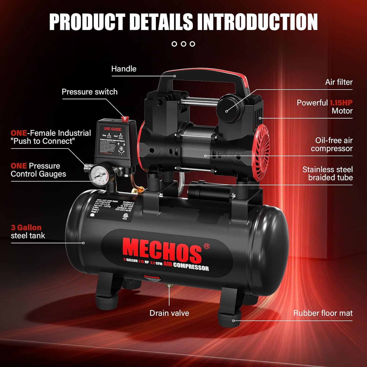 Portable Air Compressor with 3 Gallon Steel Tank, 1.15 HP 2.2 CFM @ 90 PSI, 116 Max PSI Oil-Free Air Compressor for Garage, Home Use, Tire Inflation, Nail Gun, DIY Projects,110V