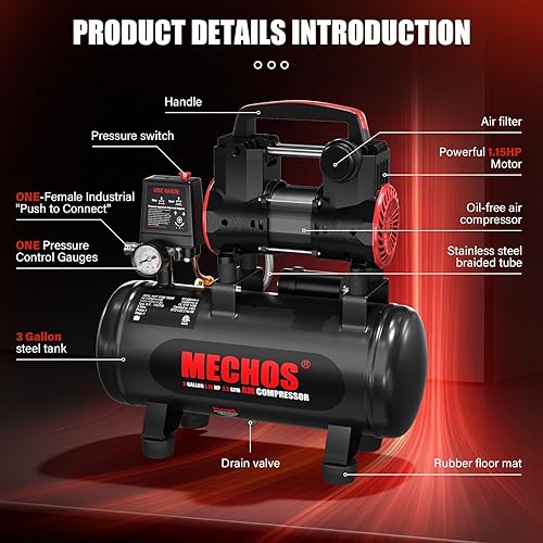 Miniatura 4 de Compresor de aire portátil con tanque de acero de 3 galones, 1.15 HP 2.2 CFM a 90 PSI, compresor de aire sin aceite de 116 PSI máximo para garaje,