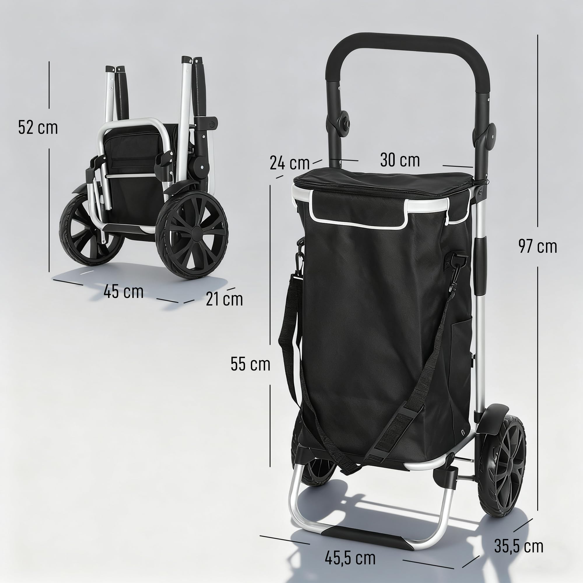 HOMCOM Wózek na zakupy 3 w 1, składany, pojemność 40 l, obciążenie do 25 kg, wózek na zakupy z kieszenią chłodzącą, wózek na ramię, do wchodzenia po schodach, czarny