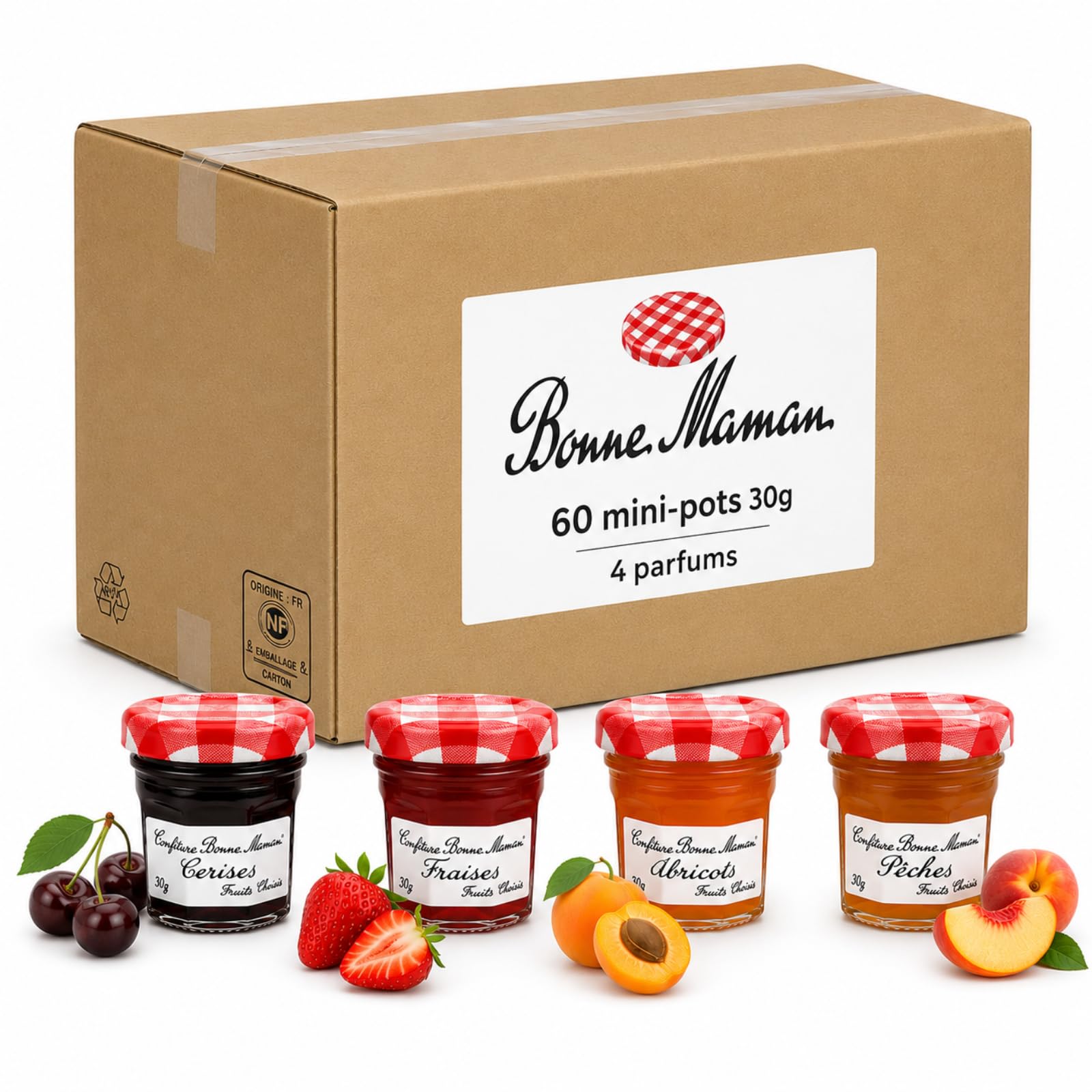 BONNE MAMAN - 60 Confitures Fraise/Abricot/Pêche/Cerise - 30 g