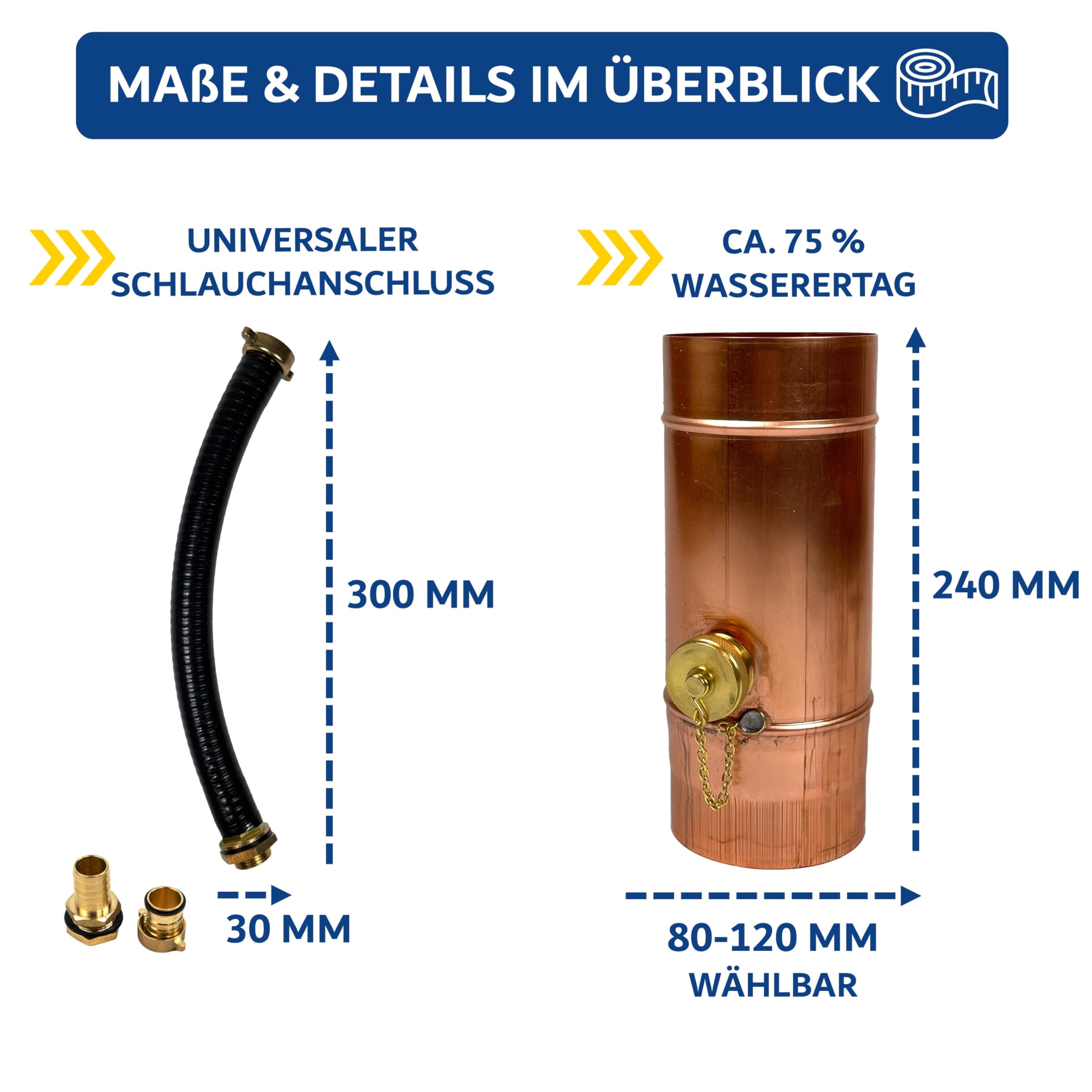 Colector de agua de lluvia de cobre de alta calidad de 80 mm con conexión de manguera y barril para el bajante - Colector de lluvia 75% de rendimiento de agua - Colector de agua para