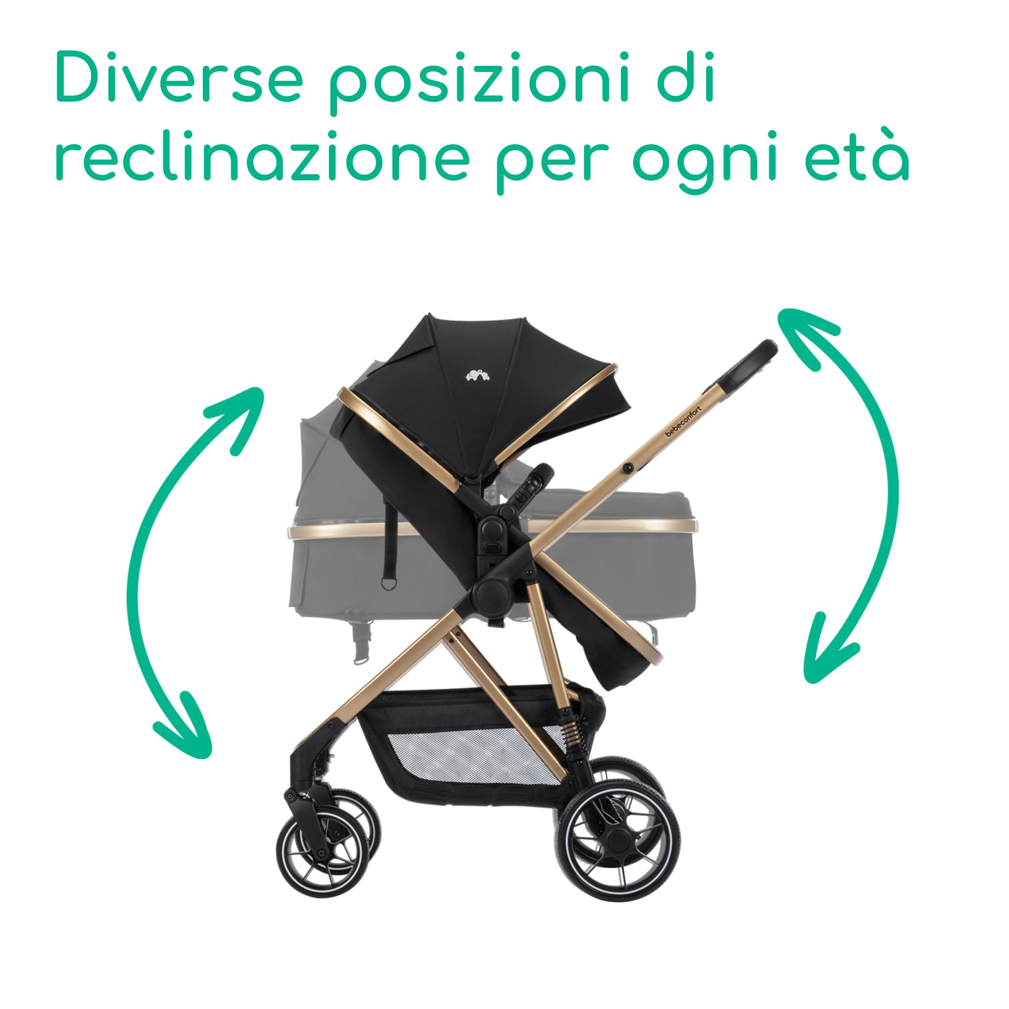 Bebeconfort Zaria Trio, Passeggino Trio Completo 3 in 1, 0-22 kg, Nero/Oro | Sistema Modulare Neonato con Ovetto i-Size, 0-4 Anni, Carrozzina Reversibile, Pieghevole e Reclinabile, 4 Ruote Ammortizzate
