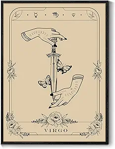 SERIMINO Witchy Framed Wall Art, Virgo Tarot Canvas Prints Paintings, Horoscope Dark Academia Home Decor Aesthetic, 16x24inch Gothic Wall Decor for Room