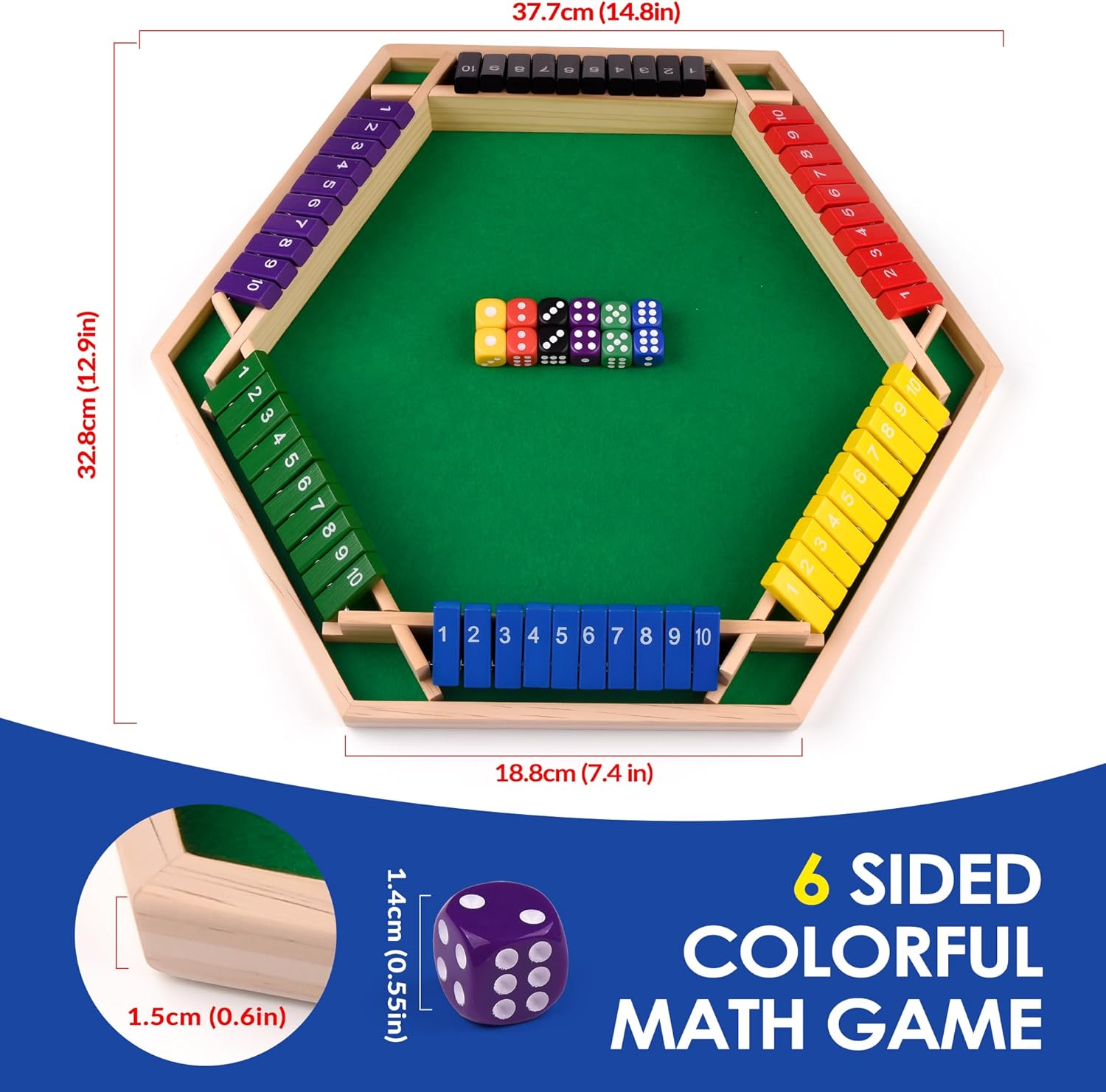 1-6 Players Shut The Box Dice Game, 10 Numbers Traditional Wooden Pub Bar Board Gam for Classroom, Party, or Pub