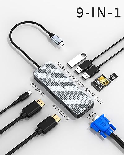 Miniatura 4 de Estación de acoplamiento USB-C con triple pantalla 4K HDMI para MacBook M1, concentrador USB C 9 en 1 (2 HDMI, VGA, USB 3.0, USB 2.0 x 2, PD100W,