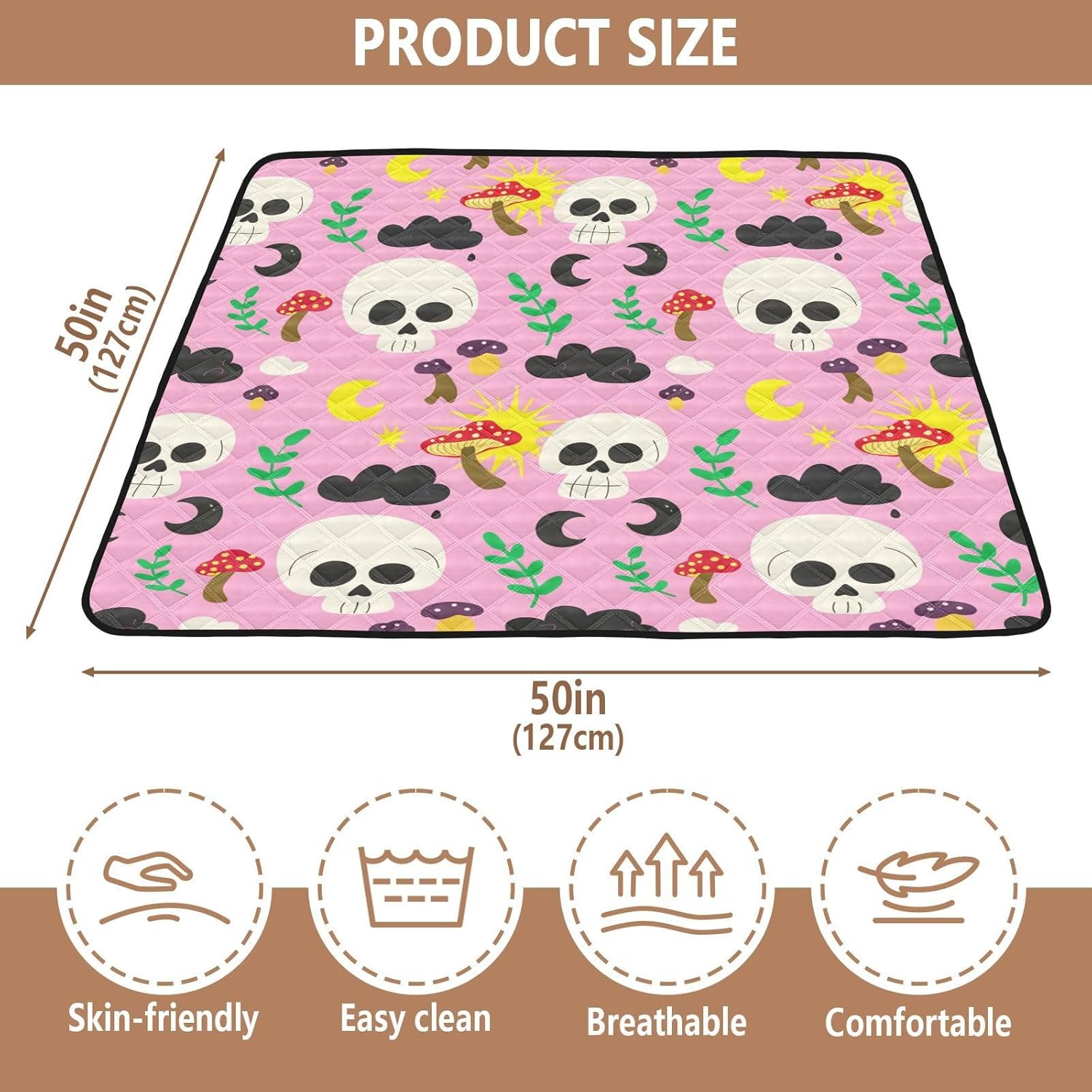 Graffiti Skulls and Mushrooms Baby Play Mat, 50“ X 50” Washable Folding Crawling Mat, Baby Floor Mat, Soft, Non-Slip