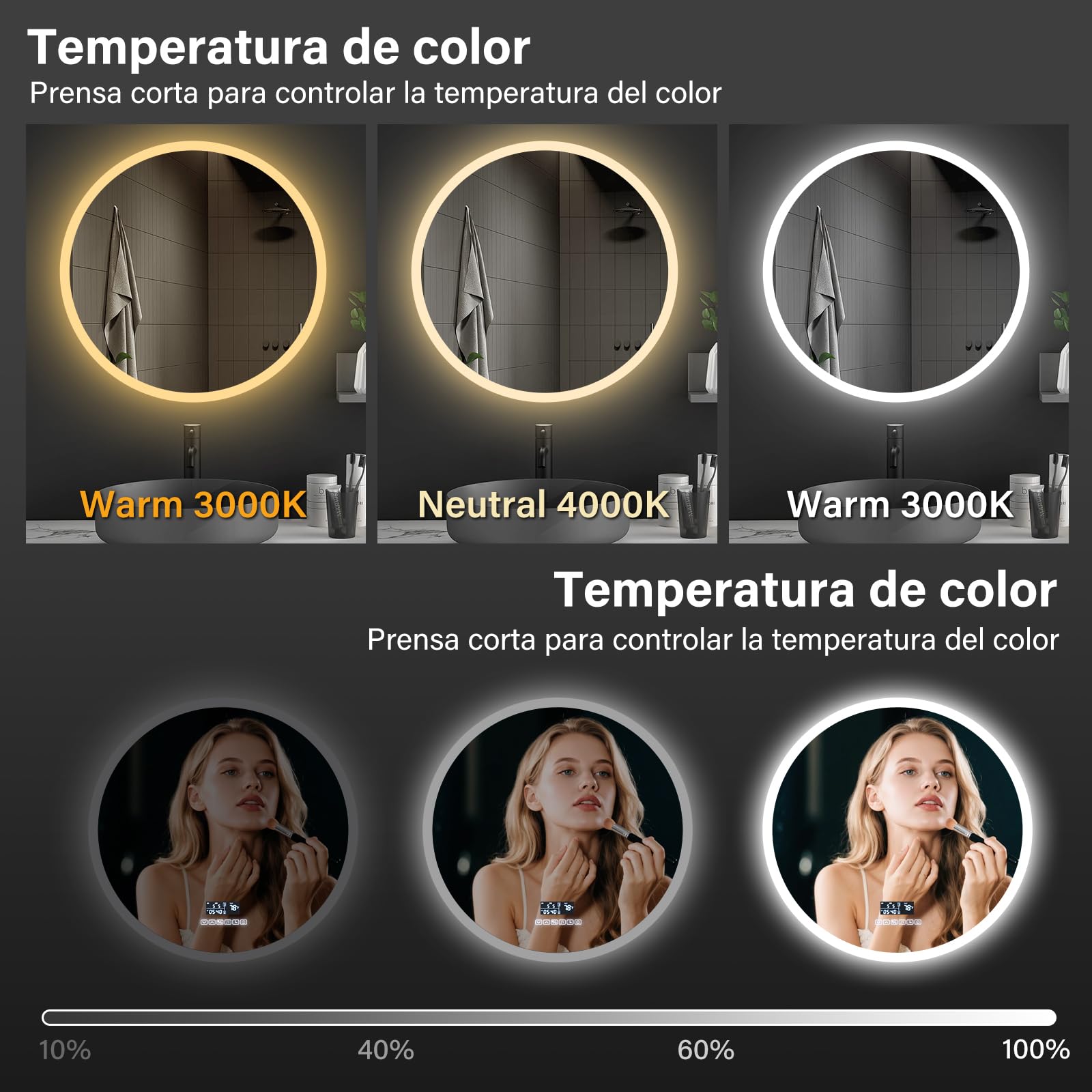 Genérico Espejo de Pared para baño LED Redondos 60x60CM con Interruptor táctil de iluminación y antivaho, Espejo de Pared con 3 Colores de luz Ajustables [Clase energética E]